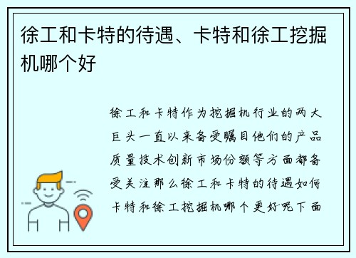 徐工和卡特的待遇、卡特和徐工挖掘机哪个好
